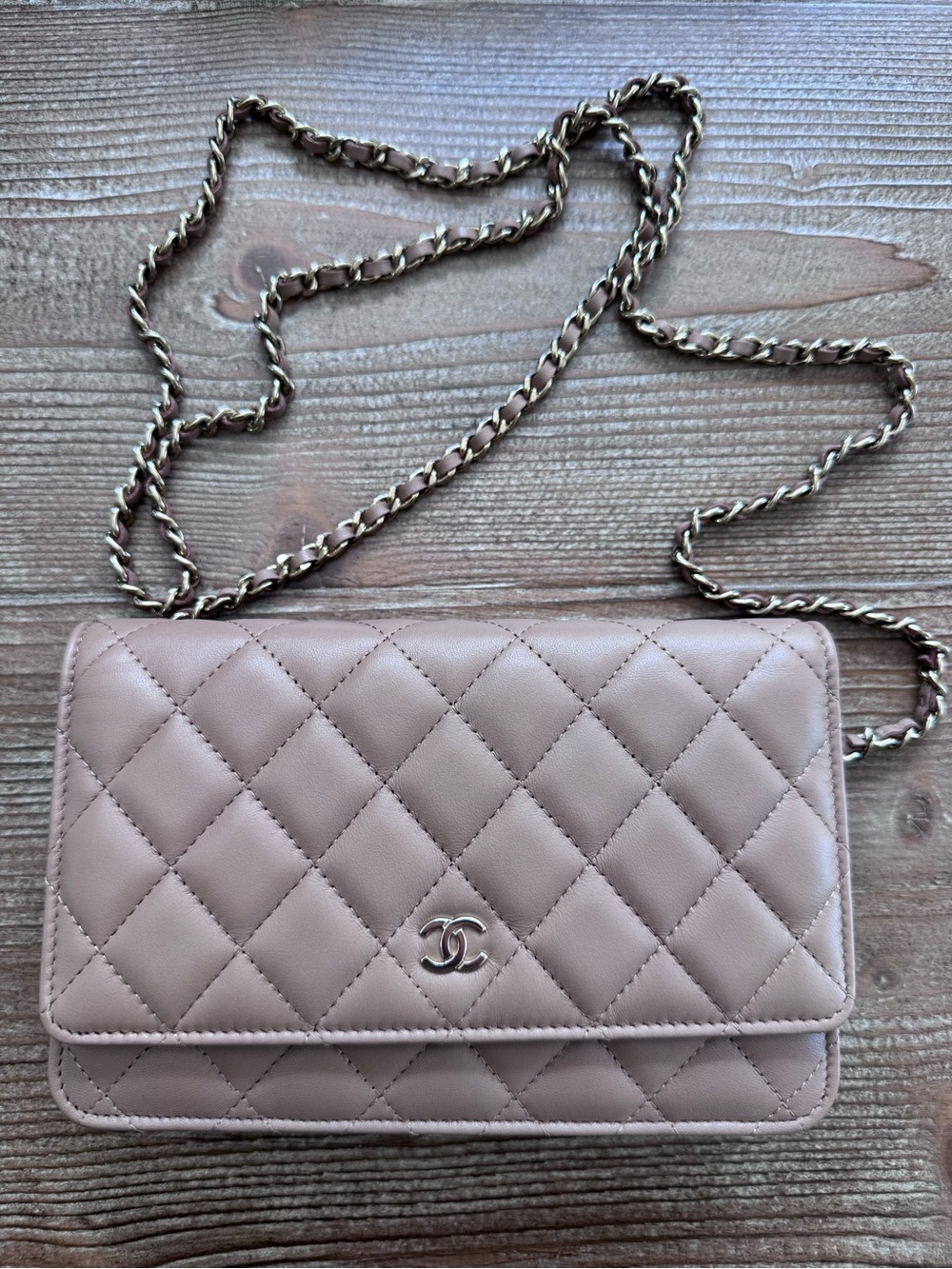 Never Worn Chanel Quilted Wallet-on-Chain in Taupe
